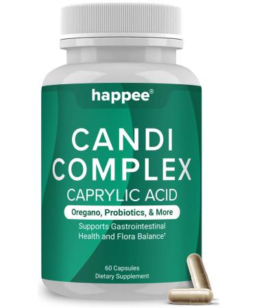 Happee Candida Complex Supplement Candida Cleanse for Overgrowth Support Caprylic Acid Oregano & Probiotics for Yeast Balance Gut & Immune Support 60 Caps