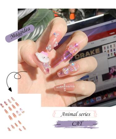 Long Acrylic Stick on Nails - 24pcs Nude Pink Black Coffin Design Fake Nails with Glue Sticker - Fashion Nail Tips for Women and Girls (Kitty) - Buy Online on GoSupps.com