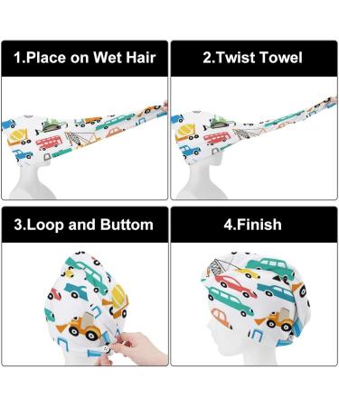 Cartoon Cars Microfiber Hair Towel Wrap for Women - Super Absorbent 10"x26" Hair Turban with Button - Buy Online on GoSupps.com