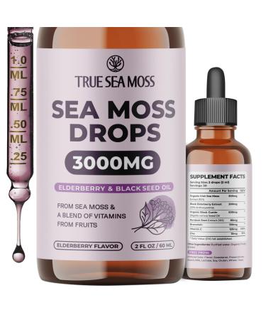 Irish Sea Moss Liquid Drops - with Black Elderberry, Burdock Root & Black Cumin - Liquid Supplement - Elderberry Flavor - 2 Fl Oz (60ml)