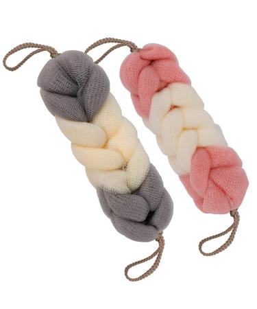BCKENEY Bath Loofah Sponge Soft Mesh Shower Puff Body Brushes with Rope Long Stretch Back Scrubber Exfoliating Braided Loofah for Women & Men (2Pack 50G Pink + Grey)