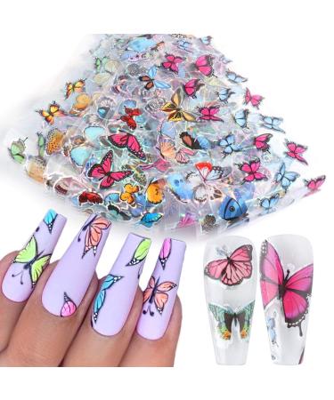 Holographic Butterfly Nail Art Foils 3D Flakes Nail Stickers Foil Glue Transfer Nail Foils for Nail Art Laser Colors Nail Supplies Bronzing Gradient Polish Manicure Tips for Women Kids(10 Pcs)