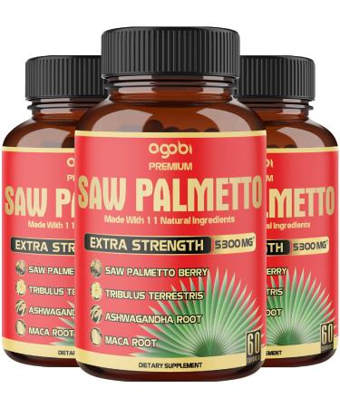 3 Packs - Total 180 Capsules - 11in1 Saw Palmetto Capsules 5300 mg - with Ashwagandha Turmeric Tribulus Maca Green Tea Holy Basil & More - Extract for Prostate Skin & Immune Support