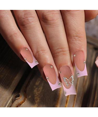 Kotkiddy 24pcs Long Press on Nails - Black French Tips Butterfly Rhinestone Glossy Coffin Fake Nails - Full Cover Stick On Nails - Buy Online on GoSupps.com