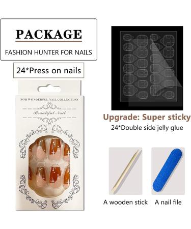 24Pcs Medium Long Coffin Fake Nails - Brown Ballerina Glossy Acrylic with Star Designs | False Stick on Nails for Women - Buy Online on GoSupps.com