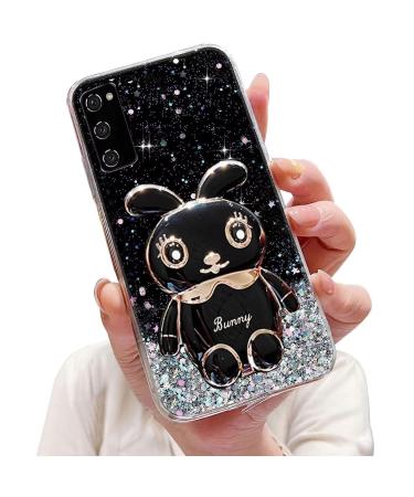 Tivenfezk Nadoli for Samsung Galaxy S20 Hase Hidden Stand Shell caricature glitter rabbits stand Soft silicone bling cell phone case transparent protective cover samsung galaxy s20 black