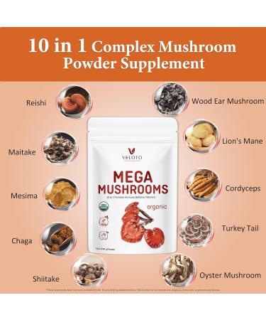 VELOTO Organic Mega Mushroom Powder Blend 10 in 1 Complex Mushroom Extract Powder Herbal Supplement with Reishi Cordyceps Chaga Lion's Mane Vegan & More Sustainably US Grown Filler Free 10oz - Buy Online on GoSupps.com