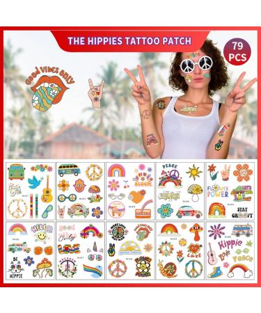 Hippie Temporary Tattoos - Assorted Groovy Designs for Kids and Women | Waterproof Face and Body Stickers | Love and Peace Sign | 10 Sheets - Buy Online on GoSupps.com