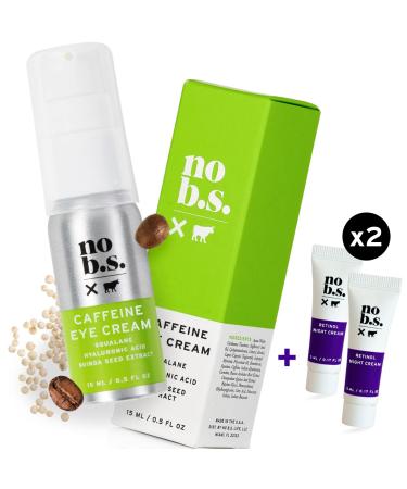 No B.S. Caffeine Eye Cream anti aging bundle with Two Retinol Deluxe Minis. Under Eye Cream for Dark Circles and Puffiness. Includes Retinol Eye Cream for Wrinkles.