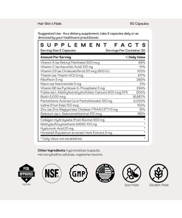 Nuray Hair, Skin & Nails Vitamins Biotin, Collagen & Hyaluronic Acid Advanced Hair Growth Supplement Promotes Beauty, Skin Radiance, & Nail Strength with Vitamin B Complex 60 Capsules - Buy Online on GoSupps.com