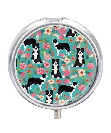 Round Pill Box Border Collie Florals Print 3 Compartment Medicine Pill Case Print Pill Organizer Decorative Metal Portable Pill Box Pocket Pill Box Style