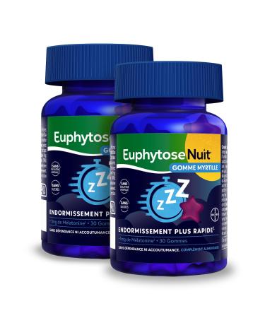 Euphytose Night® Blueberry Gums, Sleep, 1 mg Melatonin, Food Supplement, Vitamin B6, Faster Sleep* – 2x30 Gums – Sugar Free – Blueberry Flavor