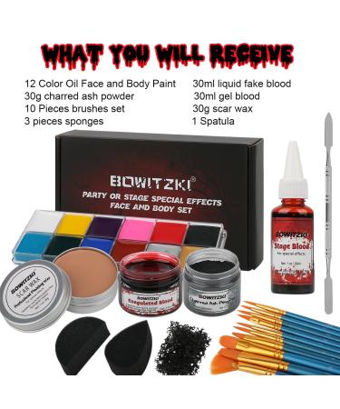 Bowitzki Halloween Makeup Special Effects | Oil Face & Body Paint Fake Blood Scar Wax Charred Ash Powder Sponges & Brush for SFX Cosplay - Buy Online on GoSupps.com