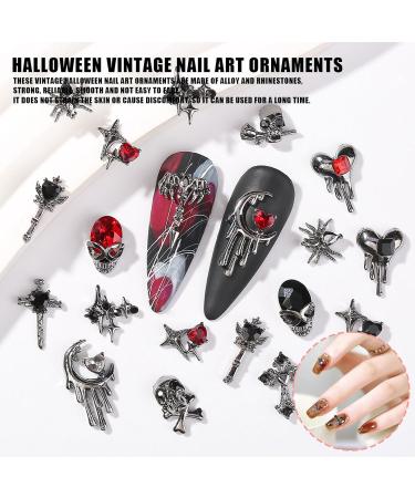 Halloween Nail Charms 32 Pcs 3D Star Moon Heart Cross Skull Spider Rhinestones - Black Nail Jewelry for DIY Nail Art - Buy Online on GoSupps.com