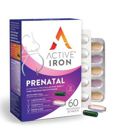 Active Iron Prenatal Iron Supplement + Prenatal Vitamins for Women 30 Non-Constipating Capsules + 30 Time-Release Multivitamins Pregnancy Breastfeeding & Postpartum Essentials