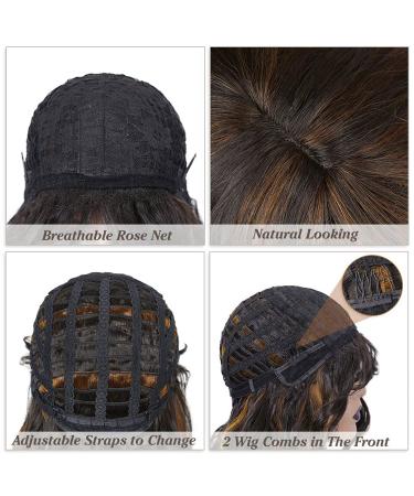 WIGNEE Natural Wave Ombre Brown Curly Bob Wig with Bangs - 14 Inch Shoulder Length Synthetic Wig for Black Women with Mixed Brown Highlights - Buy Online on GoSupps.com