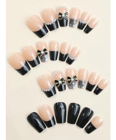 verysparkling 24pcs Black Bow Coffin Fake Nail Black Bow Faux Pearl Press on Nails Black Bow Coffin Nails Luxurious Nails Acrylic Nails Fake Nails For Women Girls - Buy Online on GoSupps.com