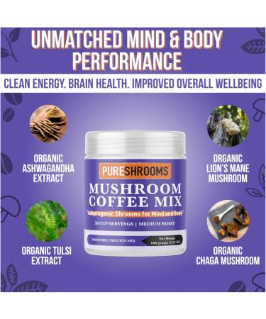 PureShrooms Mushroom Coffee Superfood Mix: Organic Ashwagandha Tulsi (Holly Basil) Lion's Mane Chaga. Coffee Substitute Alternative. Great in a Protein Smoothie. - Buy Online on GoSupps.com