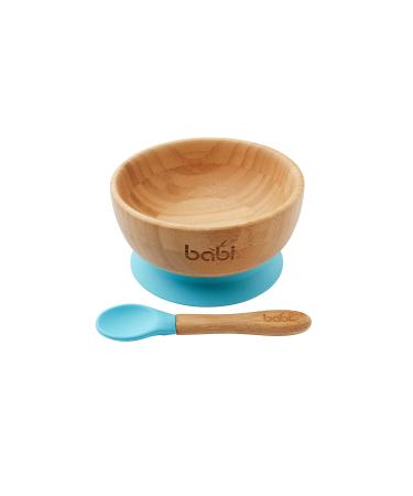 Babi Baby Toddler Large Bowl & Matching Spoon Set Natural Bamboo with Stay Put Silicone Suction Ring (Blue)