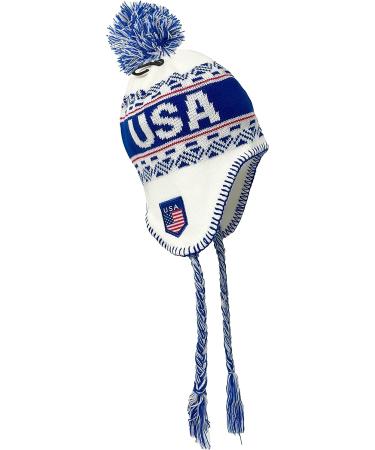 USA Winter Hat - White Knit Beanie with Pom, Ear Flaps, and Fleece Lining - Buy Online on GoSupps.com