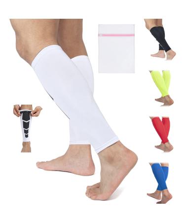 360 RELIEF Compression Calf Sleeves - for Fitness Sports | Shin Splints Torn Muscle Cramps Workout Circulation Running Jogging Marathon Hiking | 1 Pair Large White with Mesh Laundry Bag | White L-1PAIR