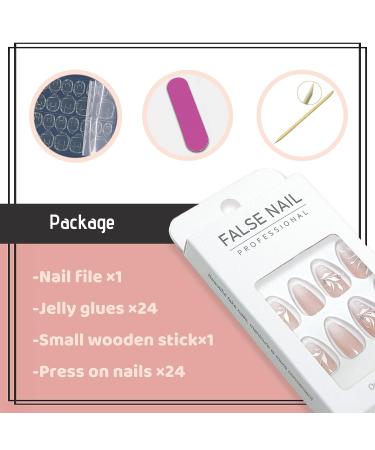 YOSOMK Gradient Nude Almond Fake Nails with Leaf Design - Medium Length, Glossy Finish | Ombre Full Cover Acrylic False Nails for Women - Buy Online on GoSupps.com
