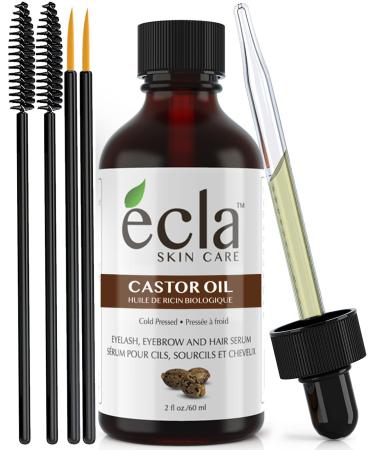 Castor Oil Organic Cold Pressed - Eyelash & Eyebrow Growth Oil 100% Pure USDA Certified 60ml - 2 Oz for Hair Beard Eyelashes and Eyebrows - Includes a Set of Brushes and Eyeliner Applicators kit