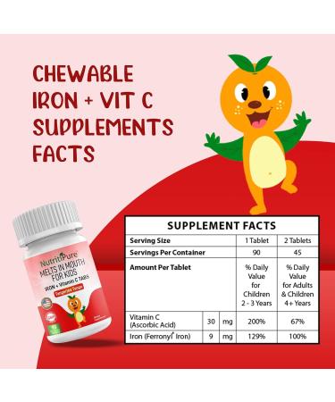 Kids Chewable Iron Supplement Ferronyl Carbonyl Iron 9 mg Vitamin C 30 mg Tangerine Tango Orange Flavor 90 Count Orange 90 Count (Pack of 1) - Buy Online on GoSupps.com