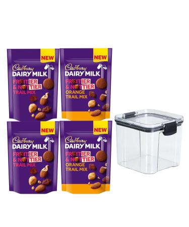 Trail Mix Bundle - Contains 2 x 100g Dairy Milk Fruitier & Nuttier Trail Mix & 2 x 100g Orange Cadbury Trail Mix with a 700ml Air Tight Food Storage Container For Your Fruit and Nut Mix.