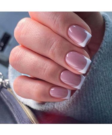 JUSTOTRY 24 Pcs Square Short False Nails Milky White French Press on Nails Pattern Trendy Nude Fake Nails Short with Nail Glue Stick on Nails for Women Squoval Nails Fake Nail for Nails Art Milky& square1