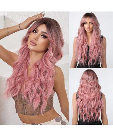 HAIRCUBE Long Pink Wigs for Women Dark Rooted Synthetic Hair Wig with Fringe
