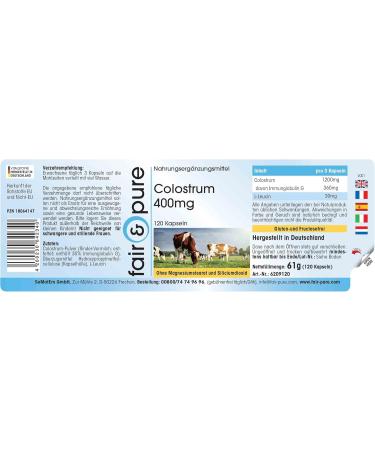 Fair & Pure - Colostrum 400mg - 120 fair & pure capsules - standardized to 30% immunoglobulin G - highly dosed and bioavailable - German quality manufacture - Buy Online on GoSupps.com