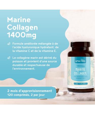 Marine Collagen 1400mg | with Hyaluronic Acid Vitamin C E Zinc Copper & Biotin (B7) | 120 Tablets | Hydrolyzed Collagen (Type 1) for Joints Skin Hair & Nails | Alpha Foods - Buy Online on GoSupps.com