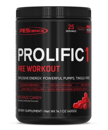 PEScience Prolific-1 Pre Workout Powder for Men & Women with L-Citrulline, Nitric Oxide Booster, Energy Powder & Nootropic for Focus Preworkout Without Beta Alanine 25 Scoops, Red Razz Candy
