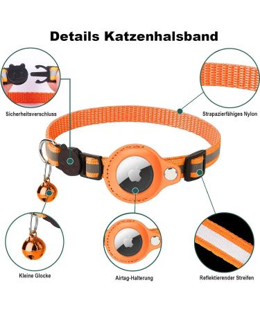 Mouyou Airtag Cat Neck Band - Soft Nylon Reflective Collar with Bell & Safety Clasp Adjustable 22-34cm Orange - Track Your Cat with Airtag Holder - Buy Online on GoSupps.com