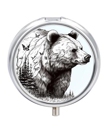 Pill Box Pill Case 3 Compartment Travel Pill Box Wildlife Hand Drawn Bear Animal Printing Small Pill Box Portable Medicine Pill Case Pill Organizer for Purse & Pocket for Travel Handbag (Round)