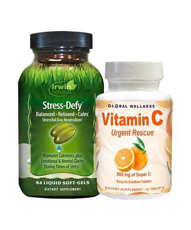 Irwin Naturals Stress-Defy 84 Liquid Soft-Gels + Vitamin C 500 mg 30 Tablets