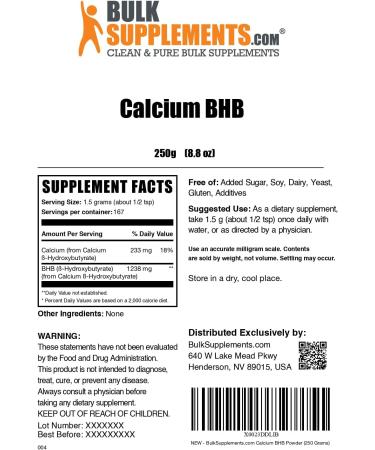 BulkSupplements.com Calcium BHB Powder - Beta HydroxyButyrate Powder Keto Supplement - Unflavored & Gluten Free 1.5g per Serving 250g (8.8 oz) (Pack of 1) 8.8 Ounce (Pack of 1) - Buy Online on GoSupps.com