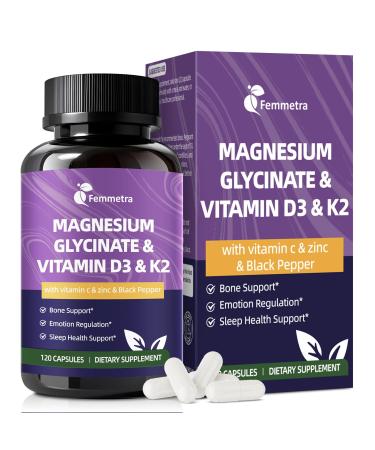 Magnesium Glycinate 600mg Vitamin D3 K2 Supplement with Vitamin C Zinc & Aloe Vera - Bone Support Energy & Mood Manage & Sleep Health for Men & Women Non-GMO Vegan 120 Capsules