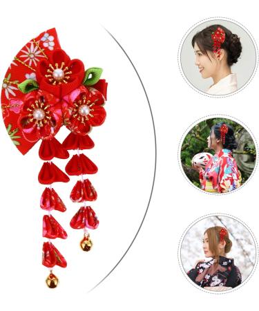 Japanese Style Cloth Hairpin Tassel Fans Shape Barrette with Bells Kimono Flower Headdress Traditional Clothes Cosplay Hair Decoration Accessory for Women Red - Buy Online on GoSupps.com