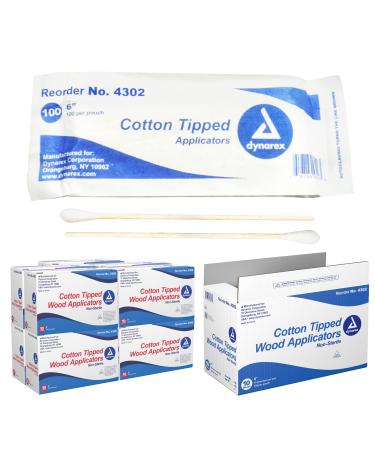 Dynarex 6-Inch Non-Sterile Cotton Tipped Applicators - Single-Use Wooden Cotton Tip Applicators for Wound Care Dressing Hygiene Makeup Cleaning Jewelry - 1000 per Box 10 Boxes