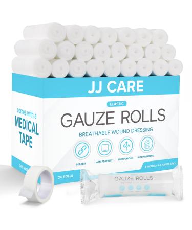 JJ CARE Gauze Rolls Pack of 24 Individually Wrapped Gauze Bandage Roll with Bonus Medical Tape 4 inches x 4.1 Yards Rolled Gauze Latex Free & Stretchable Gauze Rolls