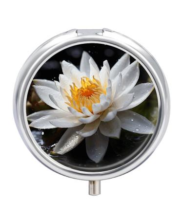 Round Pill Box White Lotus Print 3 Compartment Medicine Pill Case Print Pill Organizer Decorative Metal Portable Pill Box Pocket Pill Box