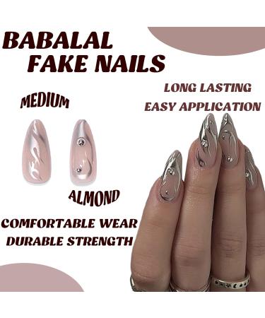 Buy BABALAL Almond Press on Nails - Medium Fake Nails with Silver Swirl & Rhinestone Design | Stiletto Acrylic Nails FNf401 for International Shipping - Buy Online on GoSupps.com