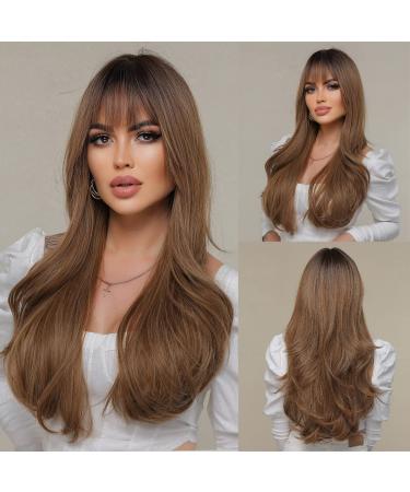 HAIRCUBE Ombre Brown Wig with Bangs Long Wavy Wigs for Women Natural Looking Wigs Synthetic Wig ombre light brown