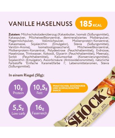 Fitnesshock Protein Bar Set - Sugar-Free Low Carb 20% Protein 1g Sugar Fiber-Rich Crispy Hazelnut - 12x50g Pack - Buy Online on GoSupps.com