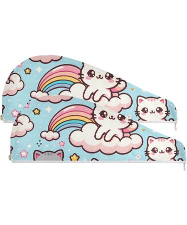 Kawaii Cute Cats Hair Towel 2 Pack | Super Absorbent Quick Dry Turbans for Women & Girls - Buy Online on GoSupps.com