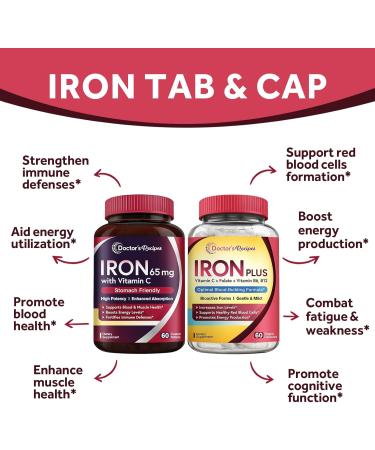 Doctor's Recipes Iron 65 mg & Iron Plus Bundle Healthy Iron Levels & Blood Support Iron Tablets 60 ct & Iron Capsules 60 ct - Buy Online on GoSupps.com