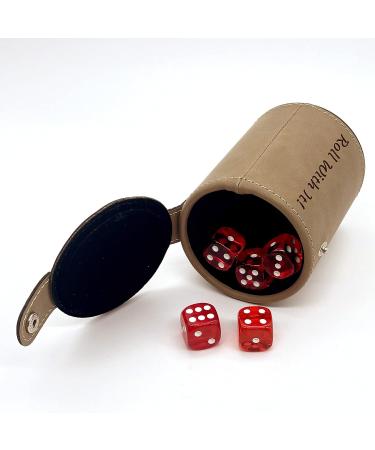 Customized Leatherette Dice Cup Set with 5 Red Dice - Personalized PU Leather Storage Compartment - Custom Gift (Light Brown) - Buy Online on GoSupps.com