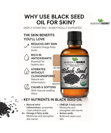 Mayan's Secret - 4oz Cold Pressed Black Cumin Seed Oil Organic USDA Certified -Nigella Sativa Cold Pressed Virgin Unrefined Vegan Non-GMO No Preservatives - Omega 3 6 9 for Skin & Hair - Buy Online on GoSupps.com